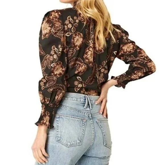 MISA Los Angeles Siena Blouse in Black Brown Floral | Long Puff Sleeve | Size S - Picture 4 of 8
